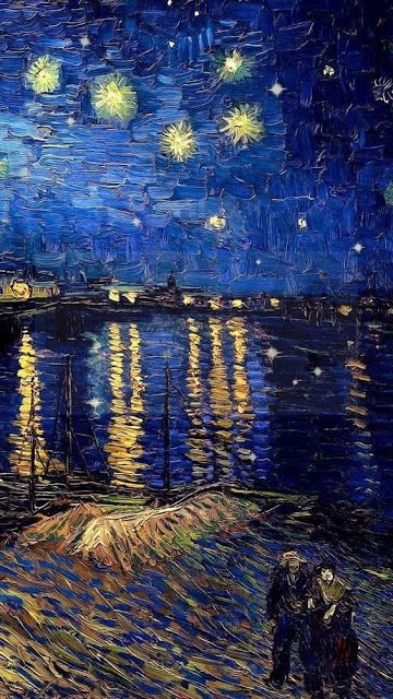 a painting of a starry night over a body of water