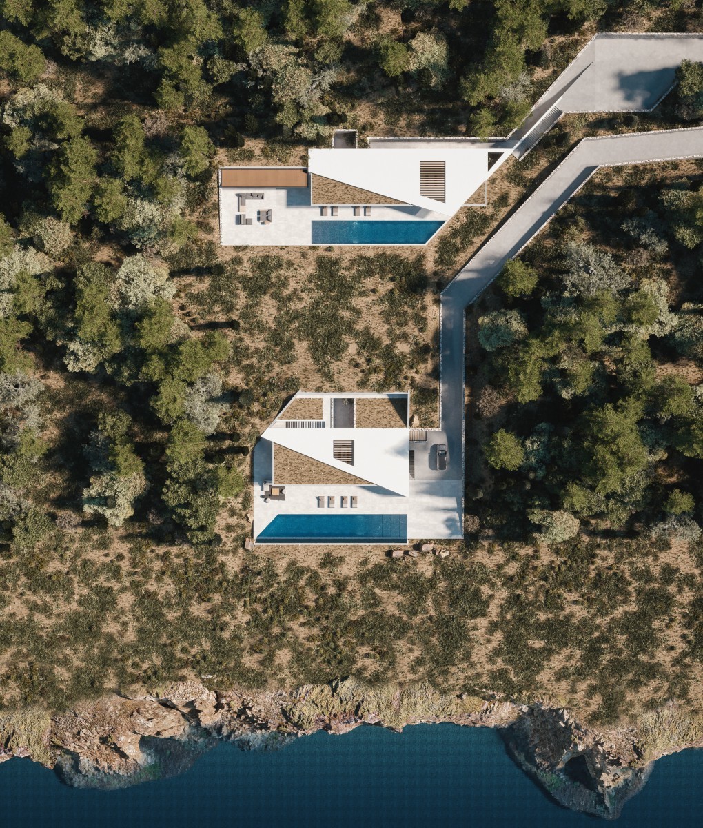 an aerial view of two houses in the woods