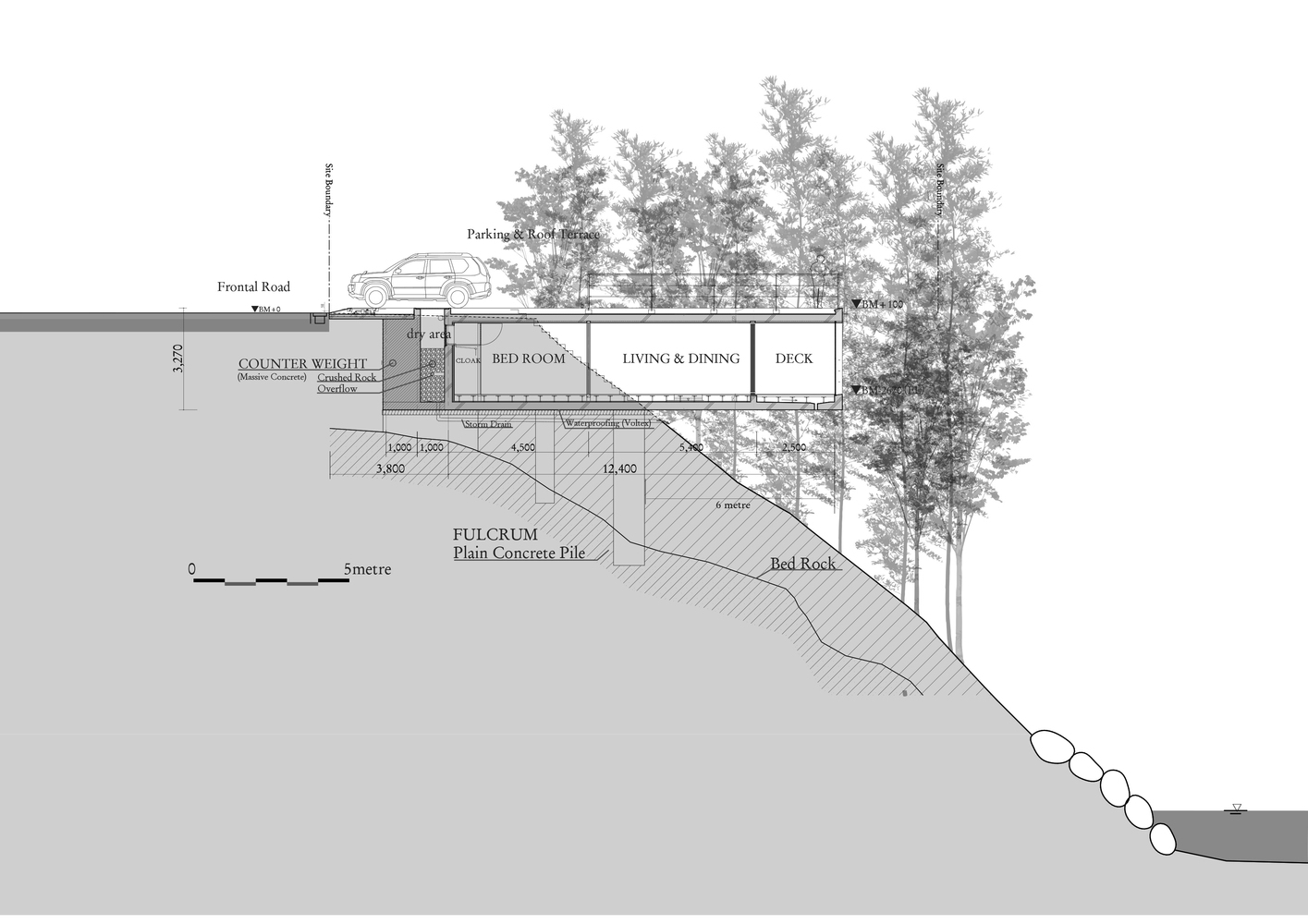 a drawing of a house on a hill