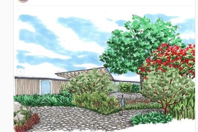 a drawing of a garden with a house in the background