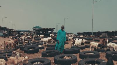 a man standing in front of a lot of tires