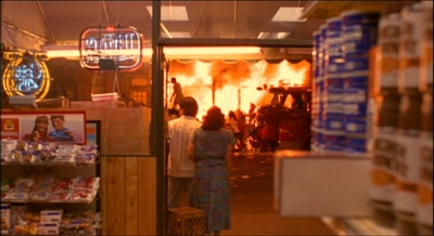 a fire is burning inside of a store