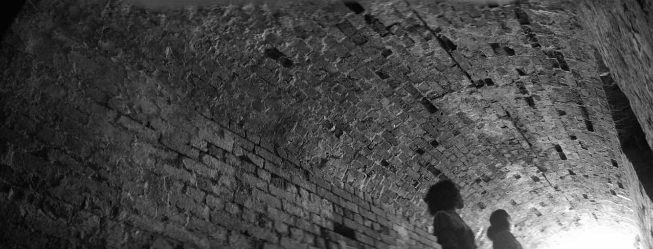 the shadow of a person standing on a brick wall