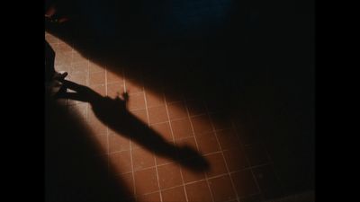 a shadow of a person standing on a tile floor