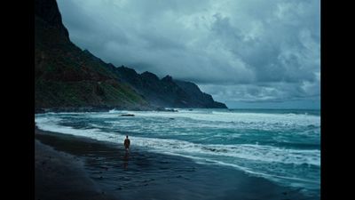 a person standing on a beach next to the ocean