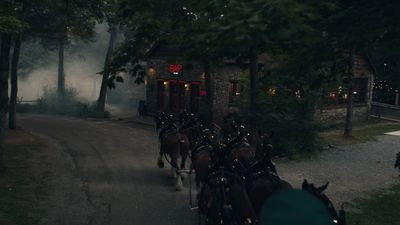 a group of horses pulling a carriage down a road