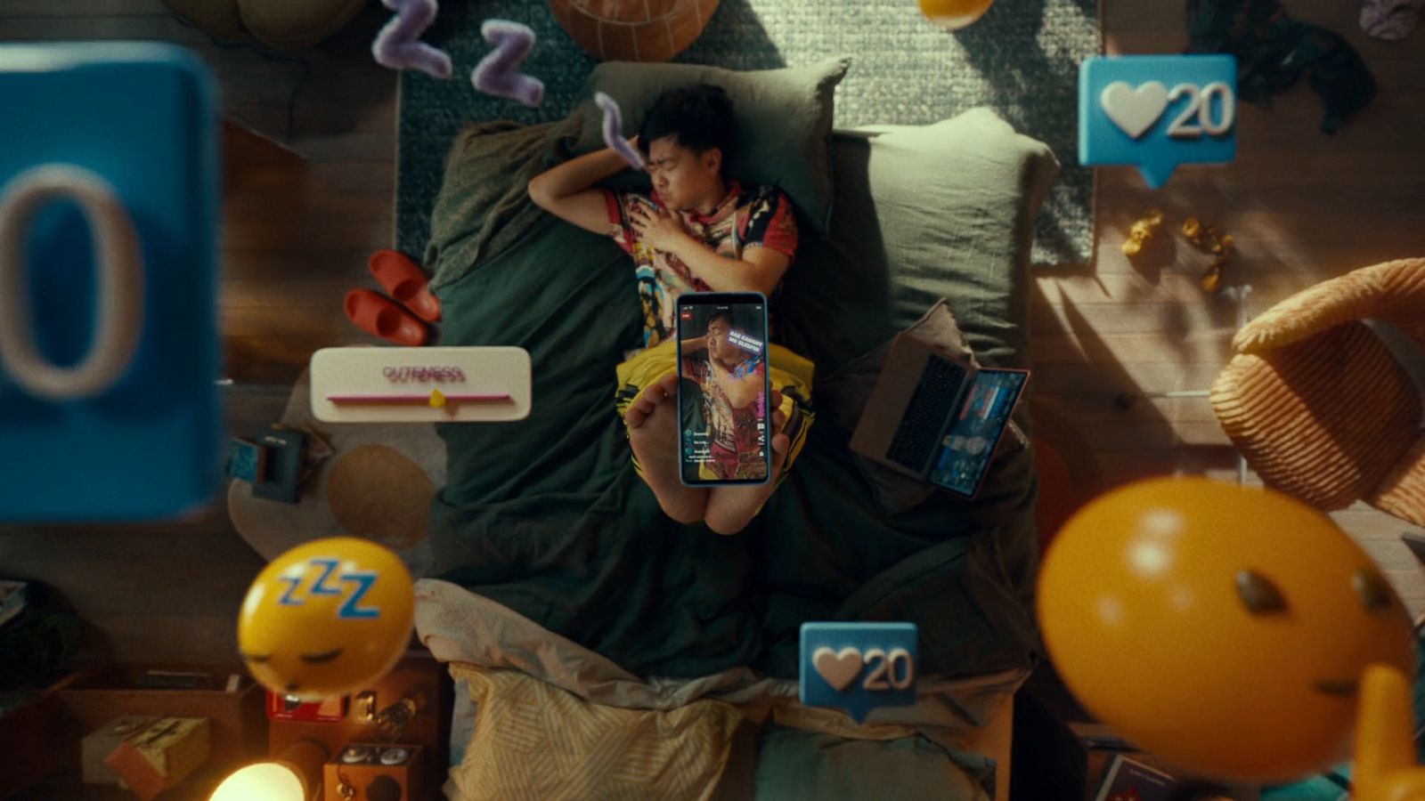 a person laying in a bed surrounded by balloons