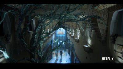 a hallway with a tree in the middle of it