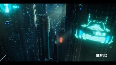 a futuristic city at night with neon lights