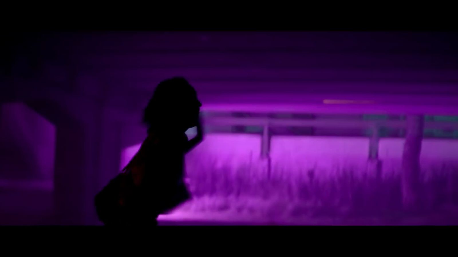 a silhouette of a person standing in front of a purple light