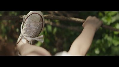 a pair of shoes hanging from a tree branch