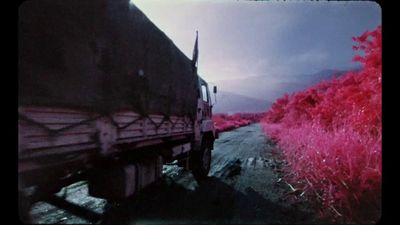 a truck driving down a road next to a lush green field