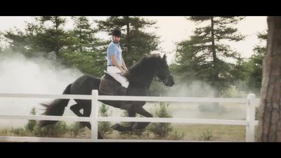 a man riding on the back of a black horse