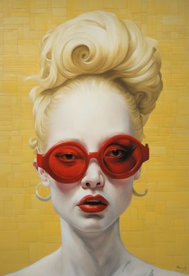 a painting of a woman with red glasses