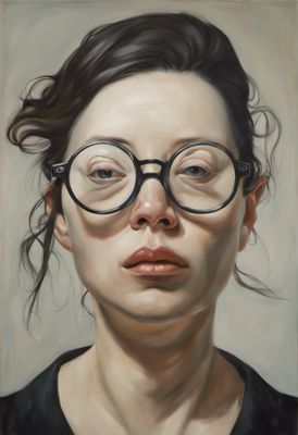 a painting of a woman wearing glasses