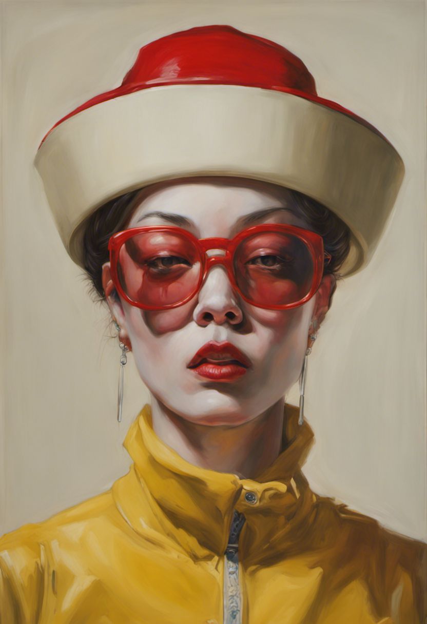 a painting of a woman wearing red glasses and a hat