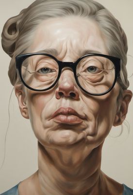 a painting of a woman with glasses on her face