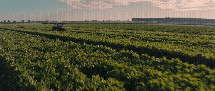 a tractor is driving through a large green field