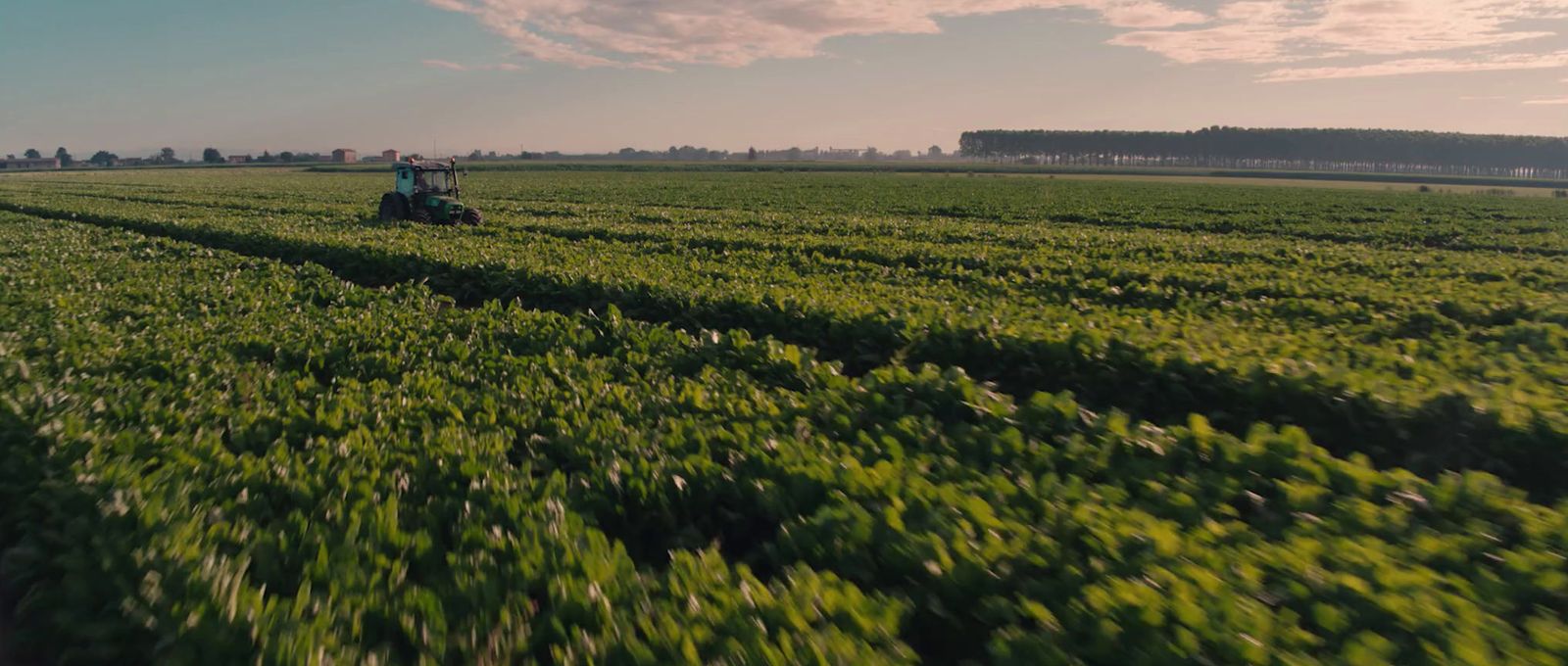 a tractor is driving through a large green field