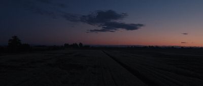 the sun is setting over a field of crops