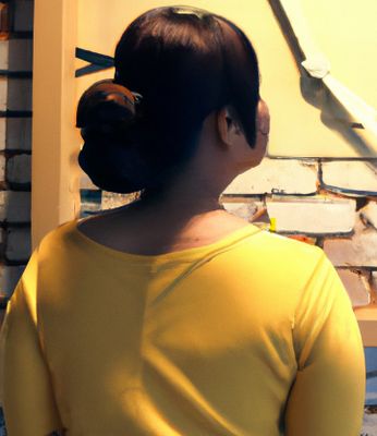 a woman in a yellow shirt standing in front of a brick wall