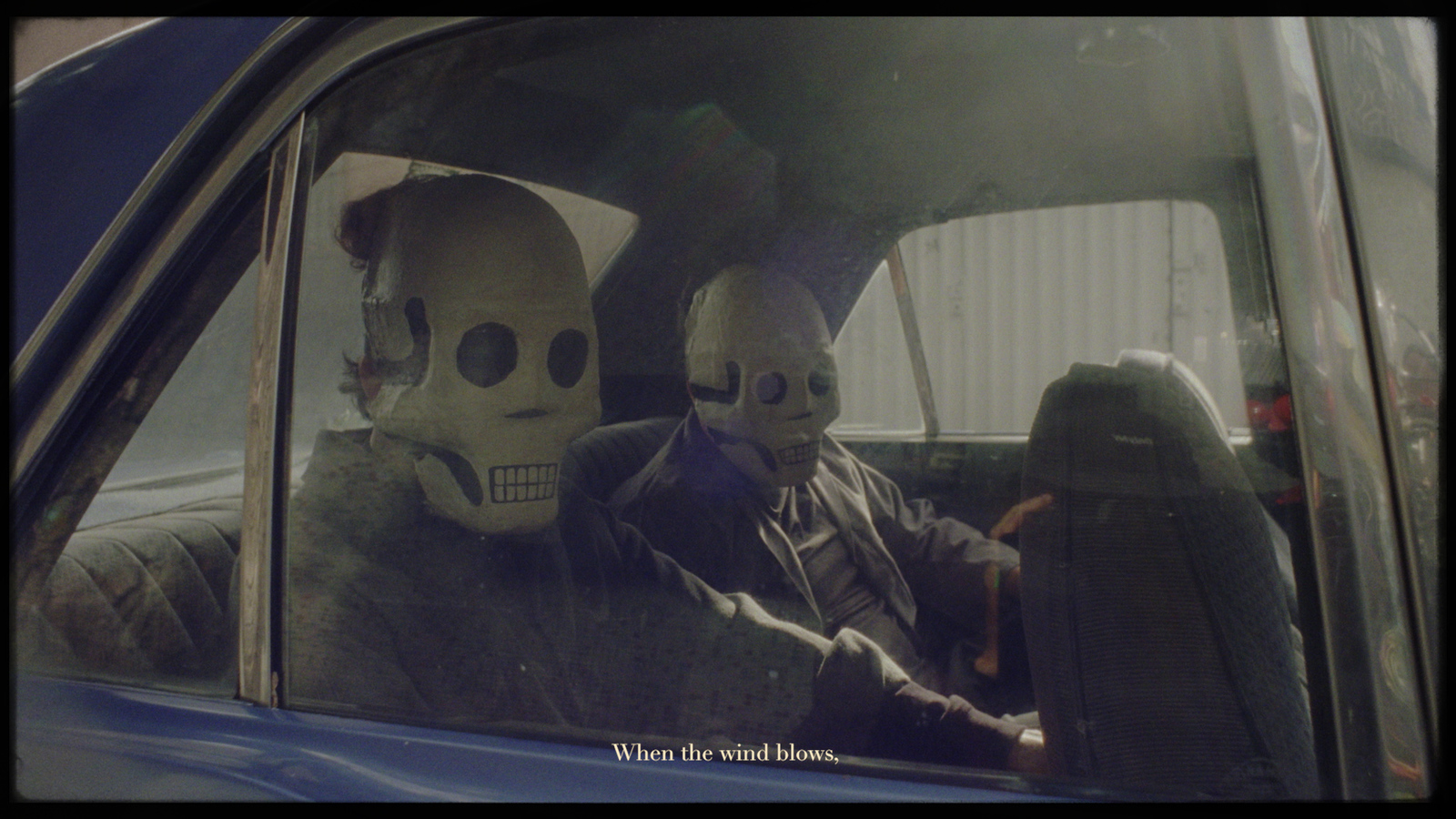 a couple of people sitting in a car with skulls on their heads