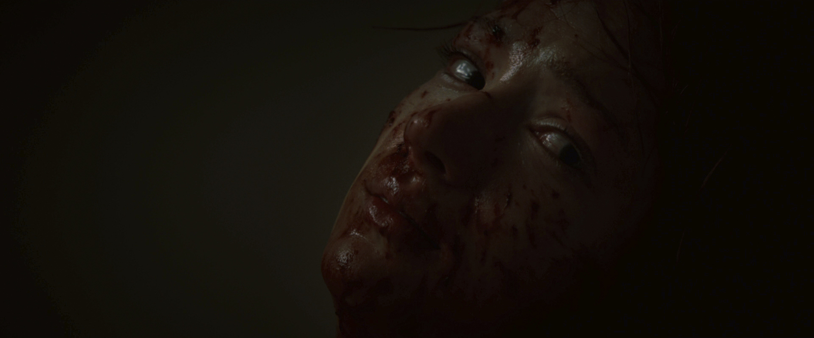 a close up of a woman's face covered in blood