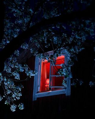 a window with a red light shining in it