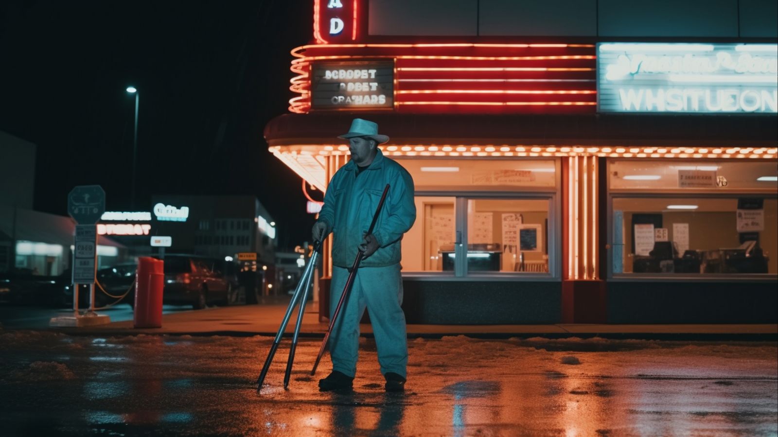 a man with a cane standing in front of a theater