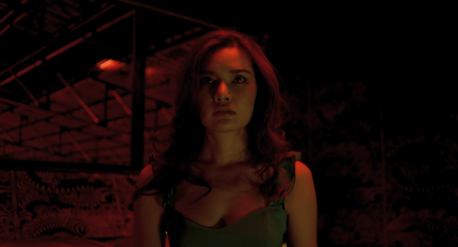 a woman in a green dress standing in a dark room