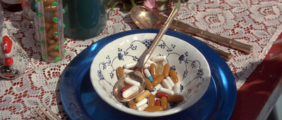 a bowl of pills and a spoon on a table