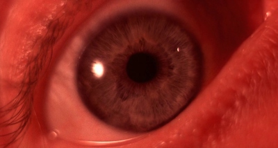 a close up view of a human eye