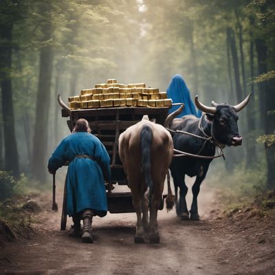 a man pulling a cart with gold bars on it down a dirt road