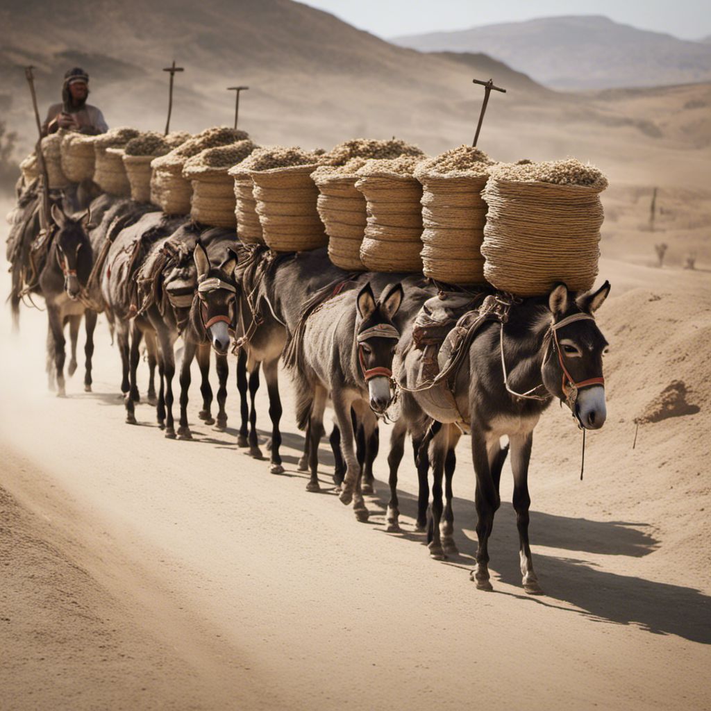 a group of donkeys carrying a load of hay down a dirt road