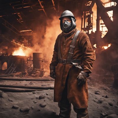 a man in a gas mask standing in a factory