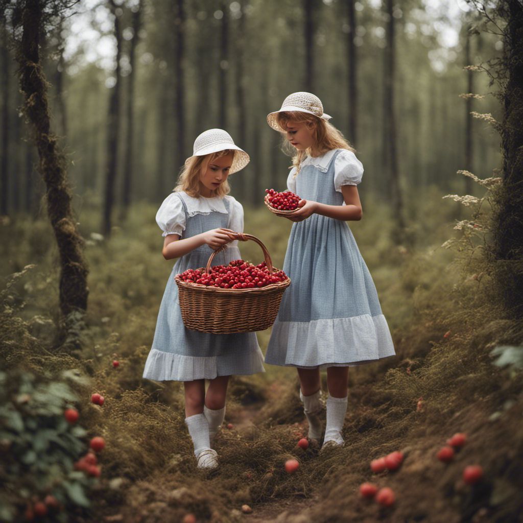 two little girls in blue dresses holding strawberries in a forest