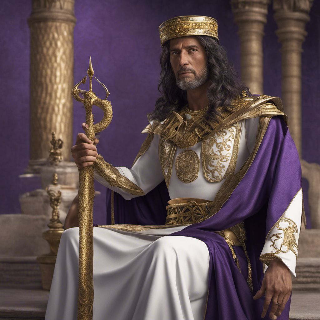 a man in a purple and gold outfit holding a staff