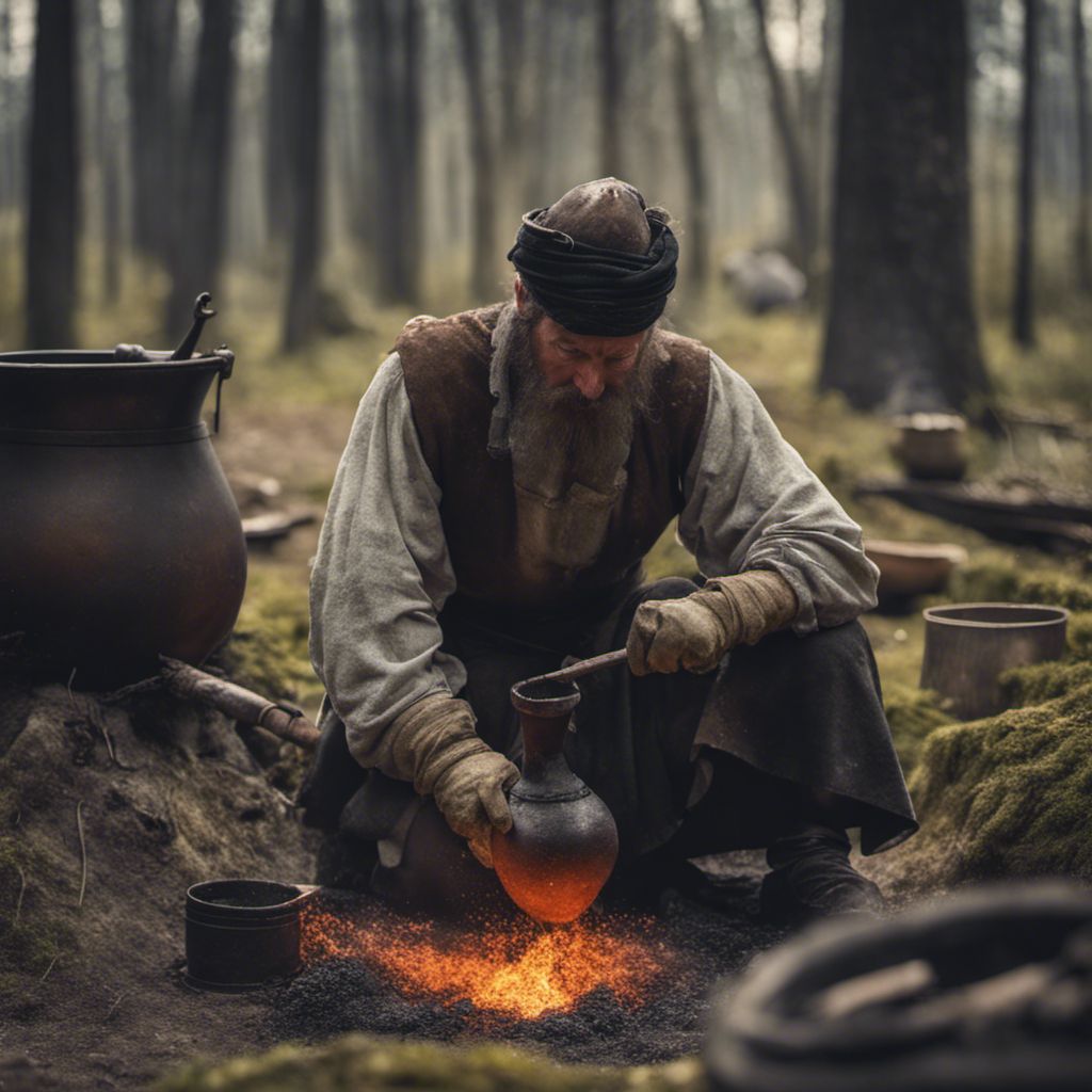 a man in a brown outfit pouring a pot on a fire