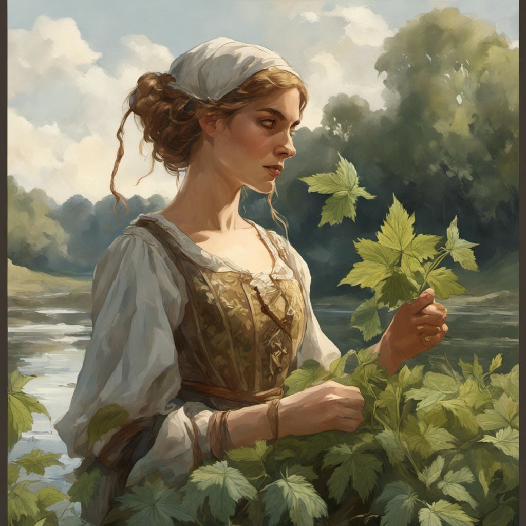 a painting of a woman holding a leaf