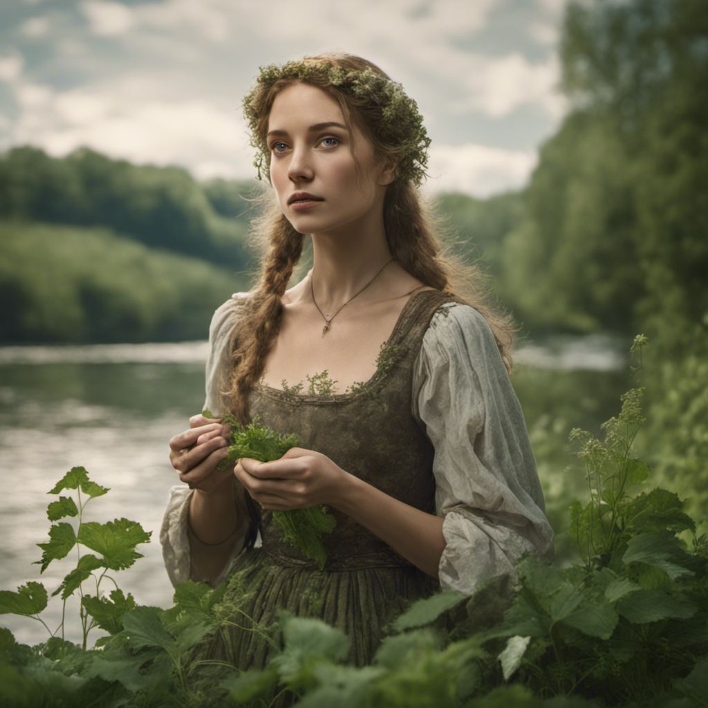 a woman in a green dress holding a leaf