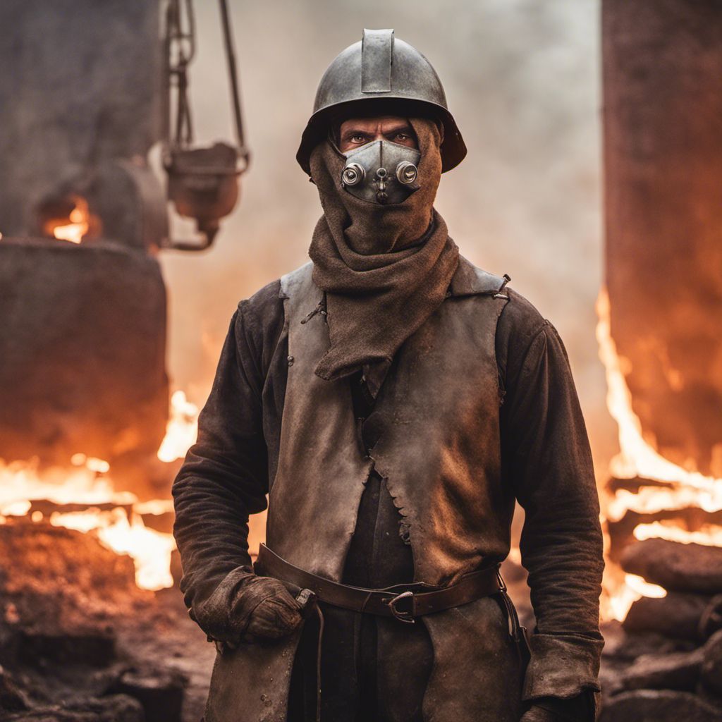 a man wearing a gas mask standing in front of a fire