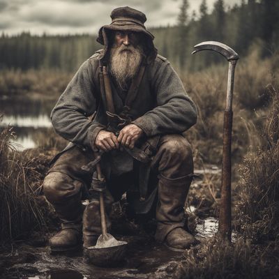 a man with a long beard sitting on a muddy field