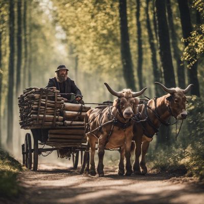 a man driving a wagon pulled by two oxen