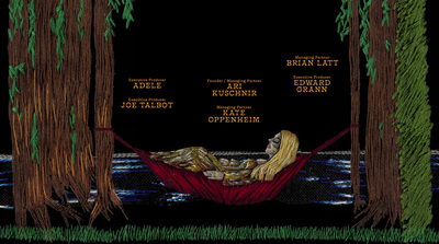 a drawing of a woman laying in a hammock in a forest