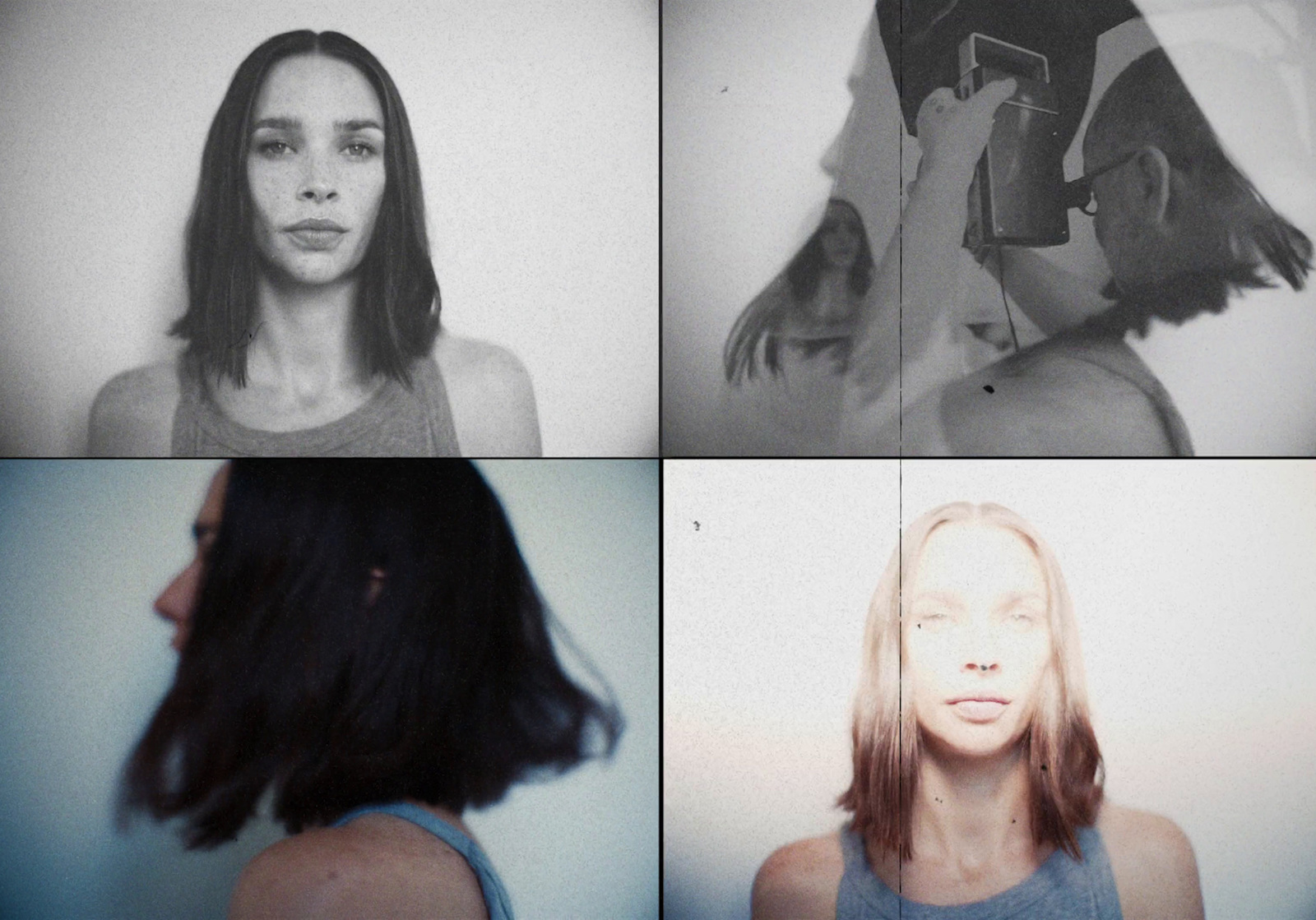 four different images of a woman with long hair