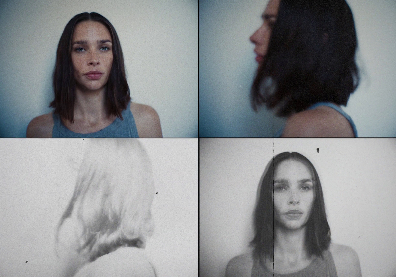 four different pictures of a woman with long hair