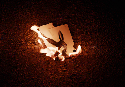 a piece of paper sitting on top of a fire