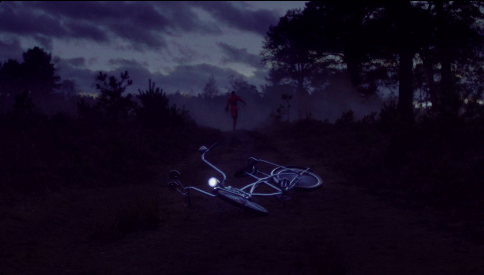 a bike laying on its side in the middle of a forest