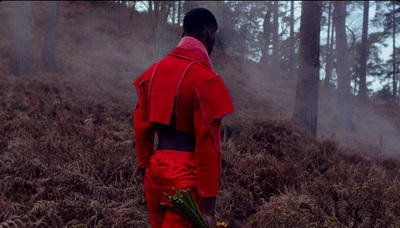 a man in a red outfit standing in a forest