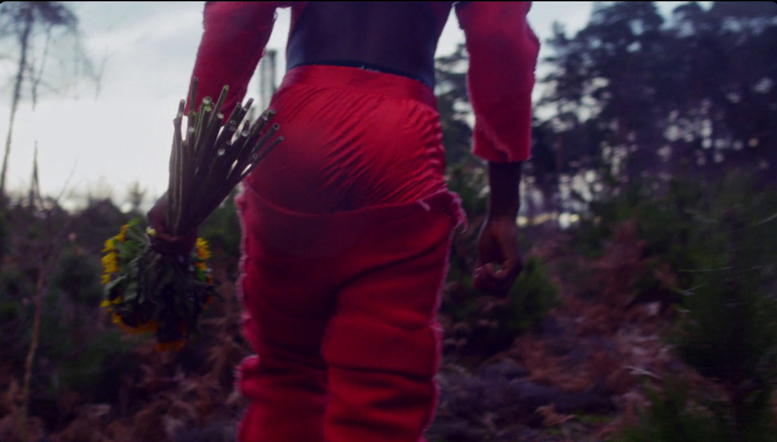 a woman in a red outfit holding a bunch of flowers